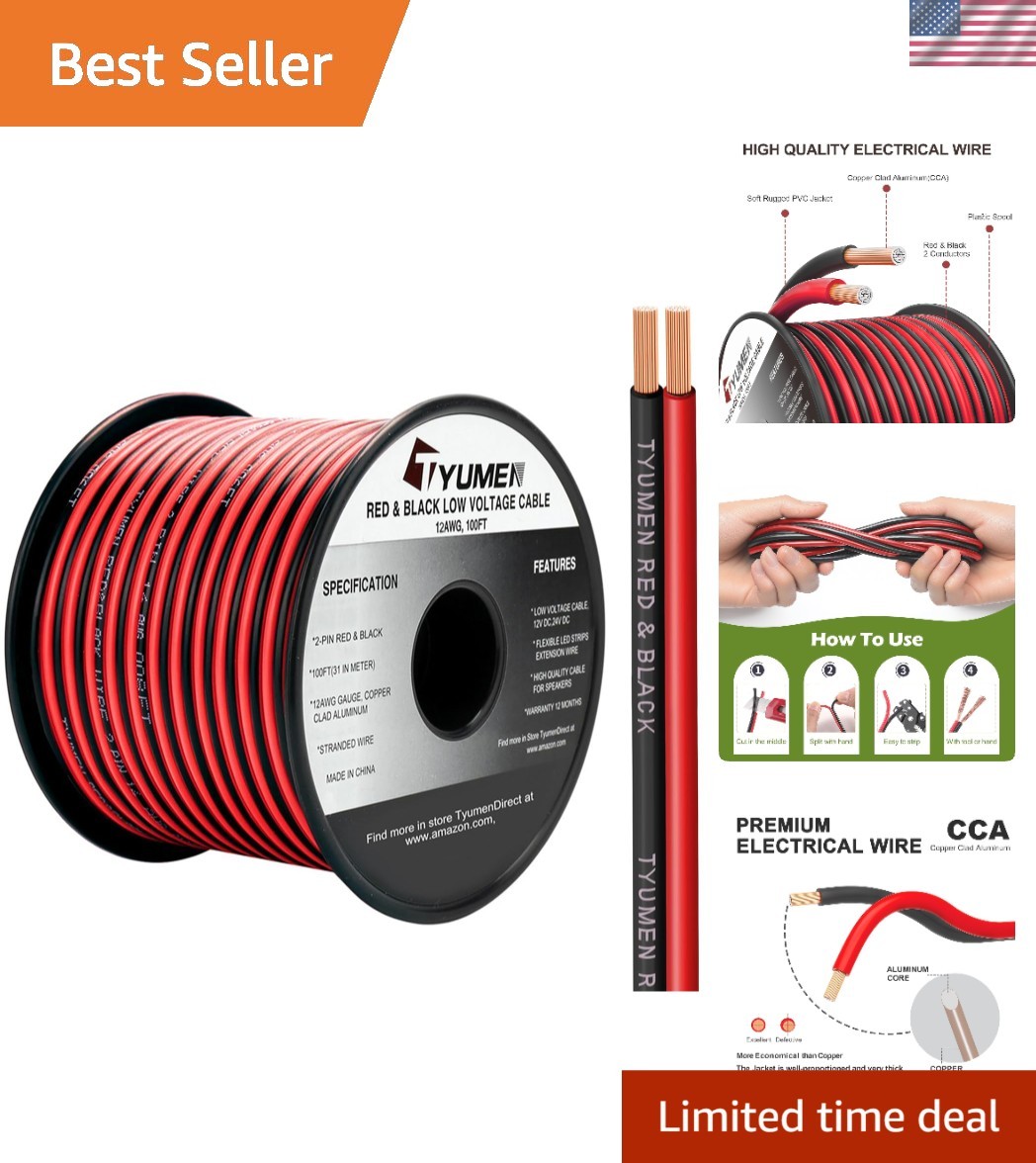 100FT 12/2 Gauge 2pin 2 Color Red Black Cable Hookup Electrical Wire LED Stri…