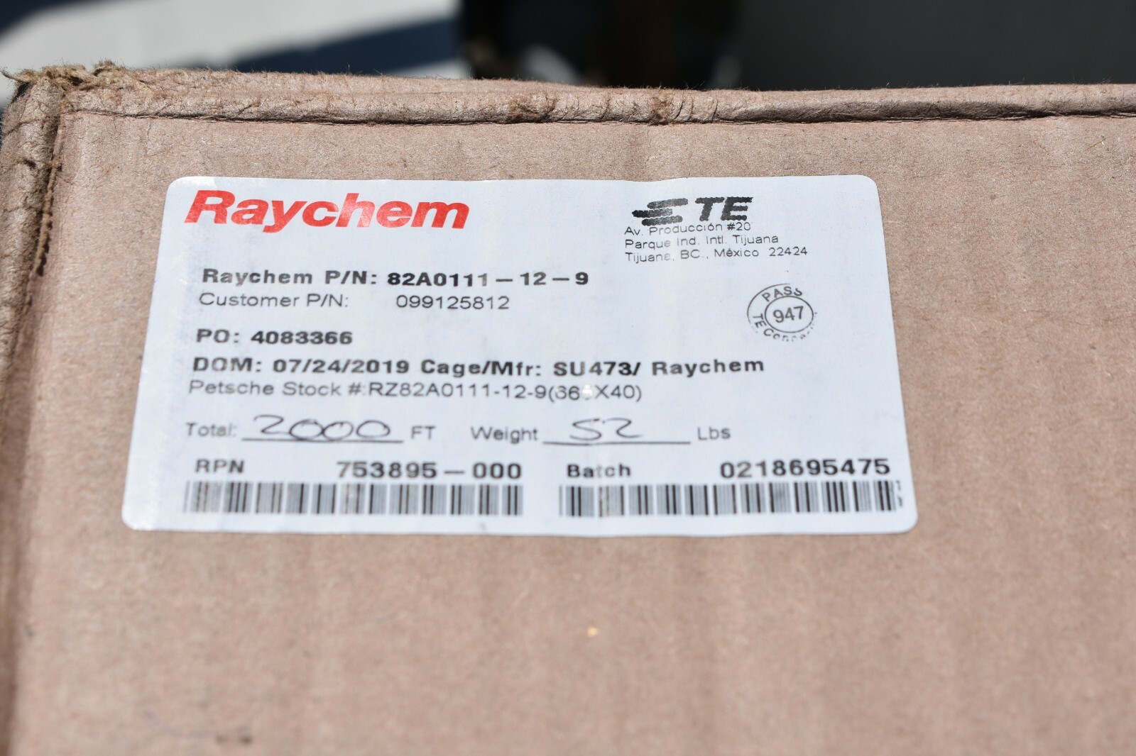 RAYCHEM 82A0111-12-9 Cable 12 AWG 1 CON TIN Plated Copper 600V. Mil Spec 2000FT