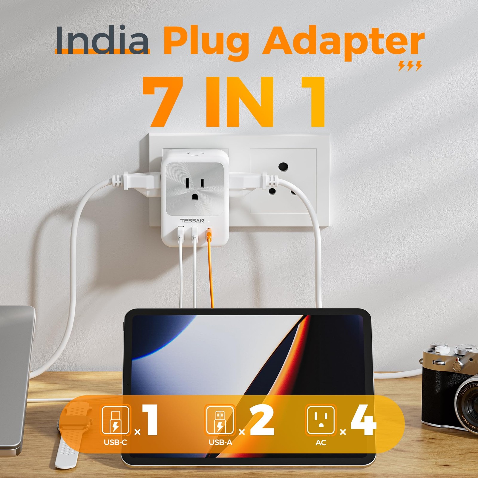 TESSAN US to India Plug Adapter 2 Pack Type D Travel Adapter 4 Outlets