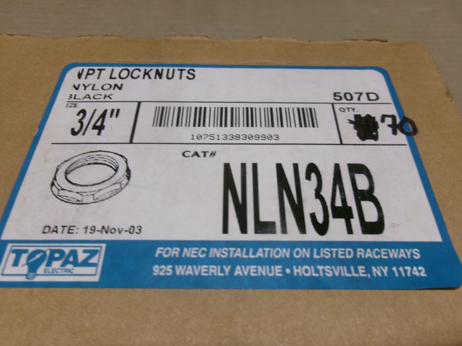 Topaz NLN34B Box of 70 3/4″ Plastic NPT Locknut Nylon Black AK