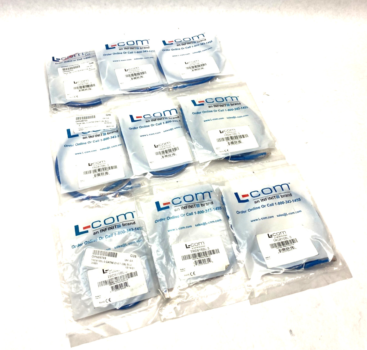 L-Com TRD815BL-3 Ethernet Patch Cable Cat5e Blue LOT OF 9