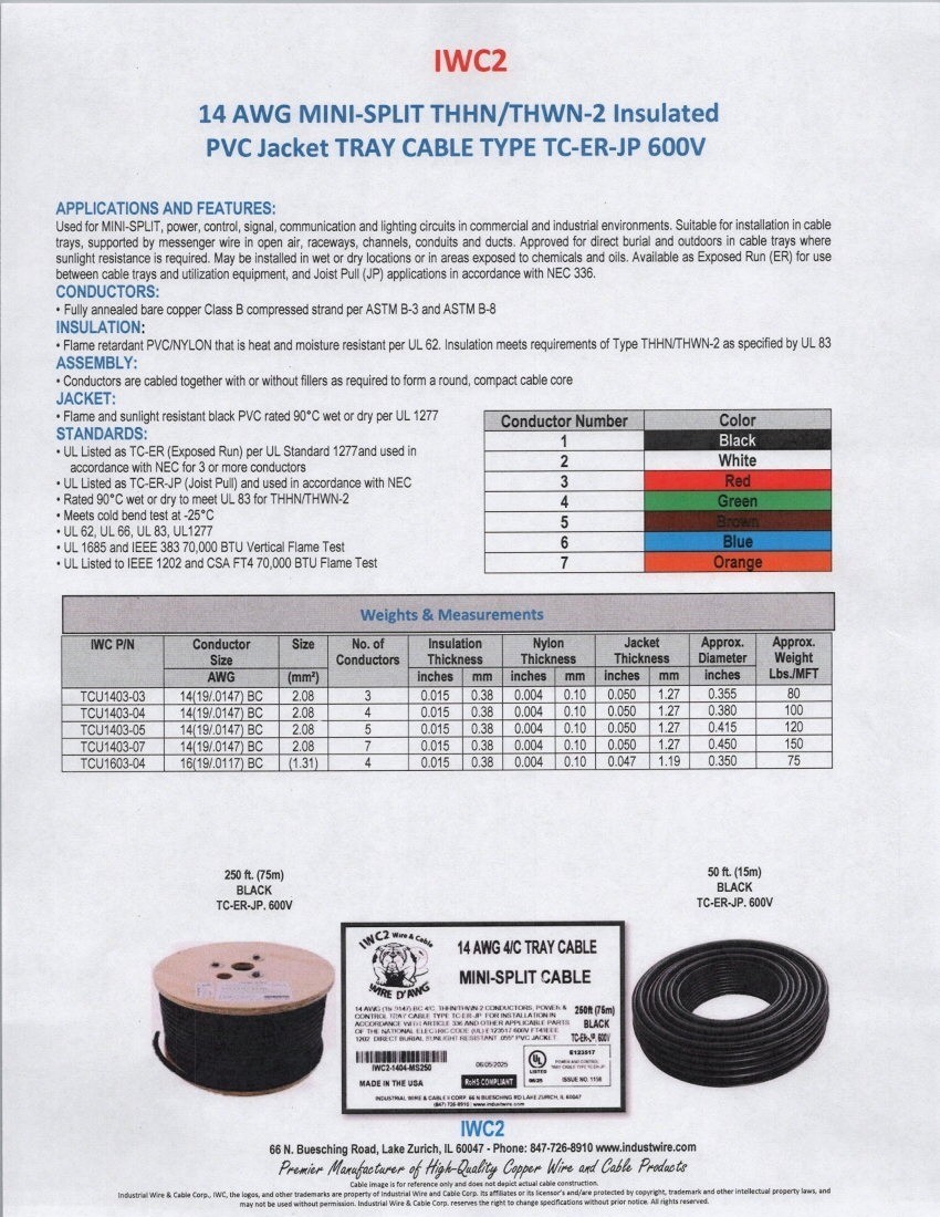 IWC MINI-SPLIT TRAY CABLE 14/4 STR THWN-2 600 VOLT 20, 50, or 250 FOOTERS