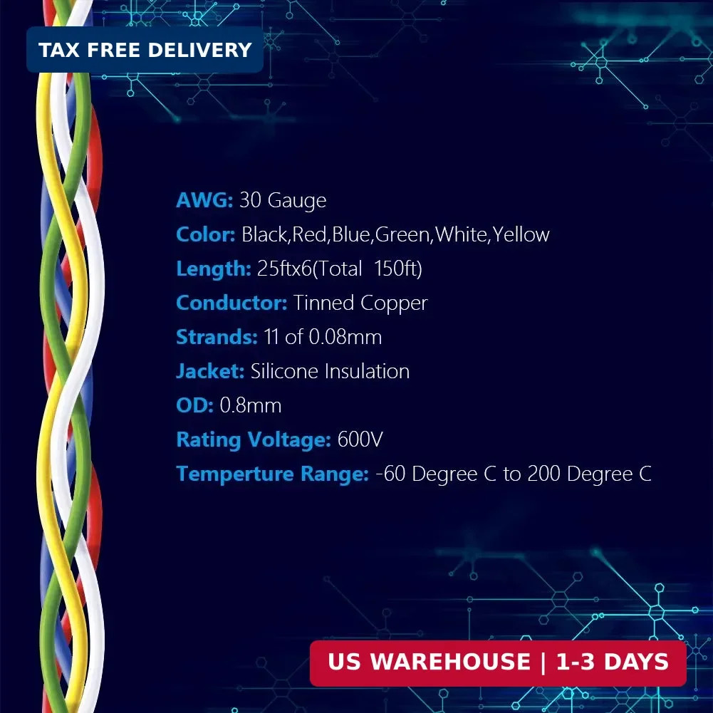 Fermerry 30 AWG Stranded Wire Spool 25ft Each 6 Colors Flexible 30 Gauge Silicon