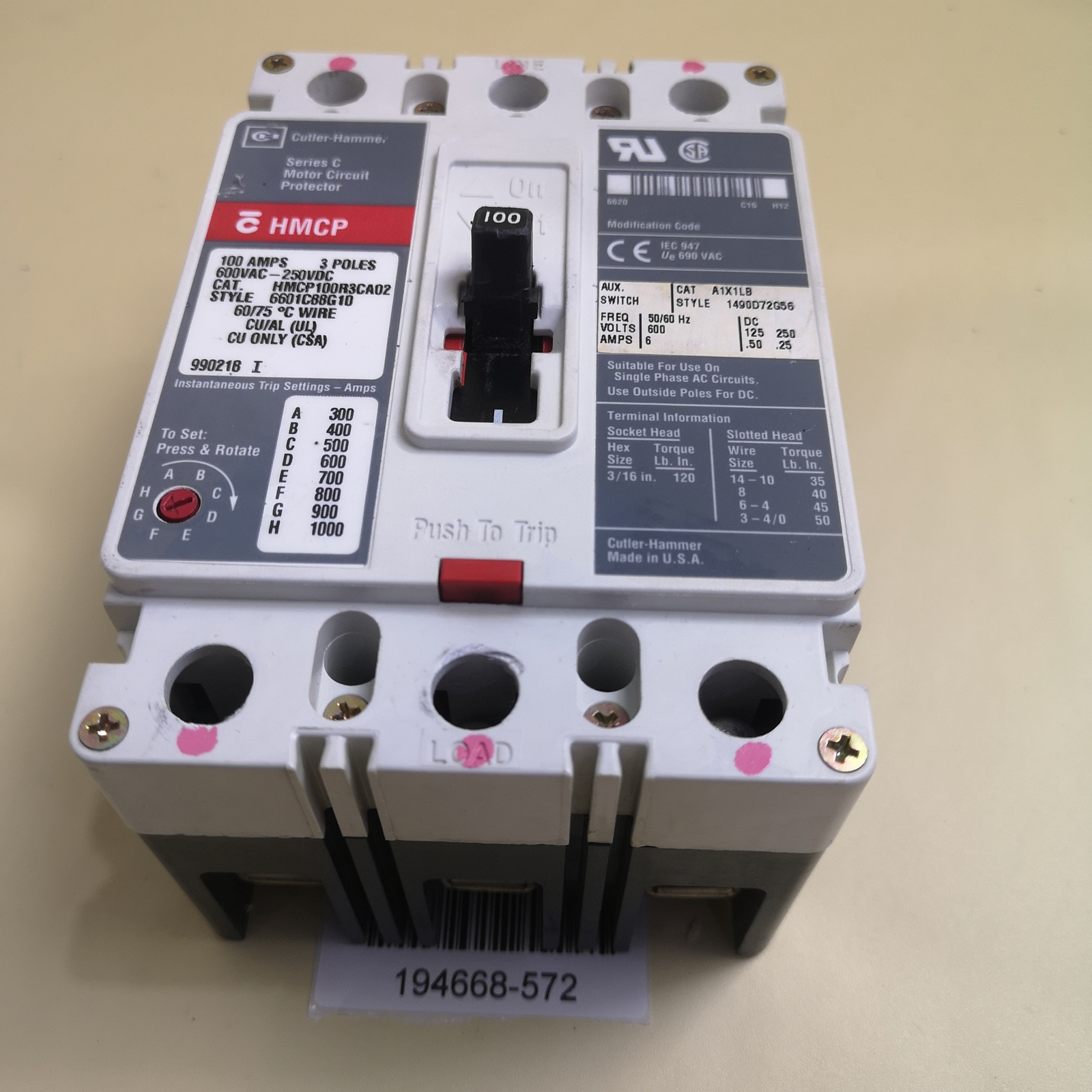 Cutler-Hammer Circuit Breaker HMCP100R3CA02