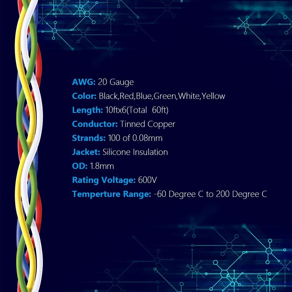 Flexible 20 AWG Silicone Hook-Up Wire – 10ft Spools in 6 Colors with Insulation