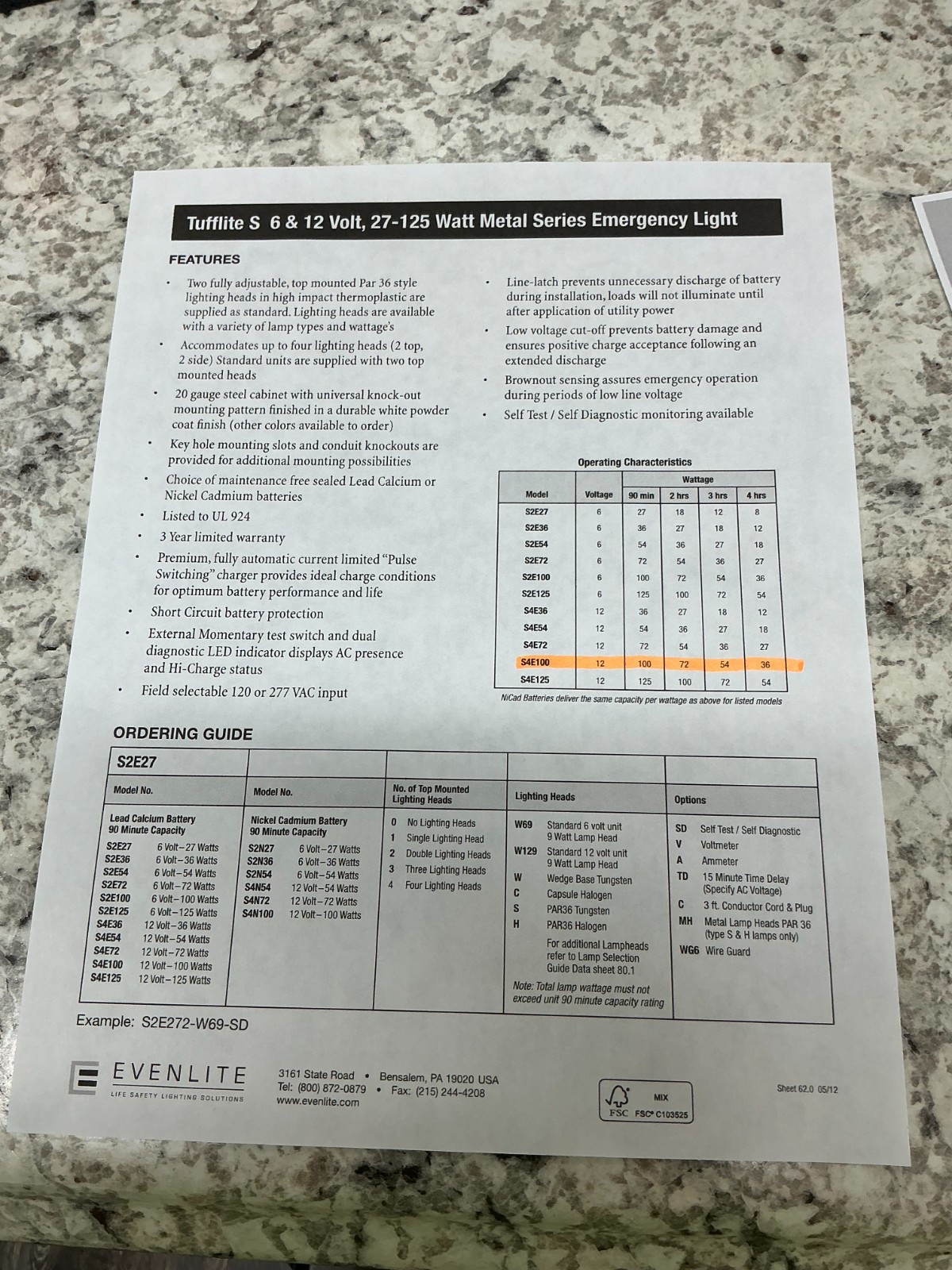 EVENLITE INC. TUFFLITE S4E100 EMERGENCY LIGHT, 120/277/347V – 12V 100W – NEW