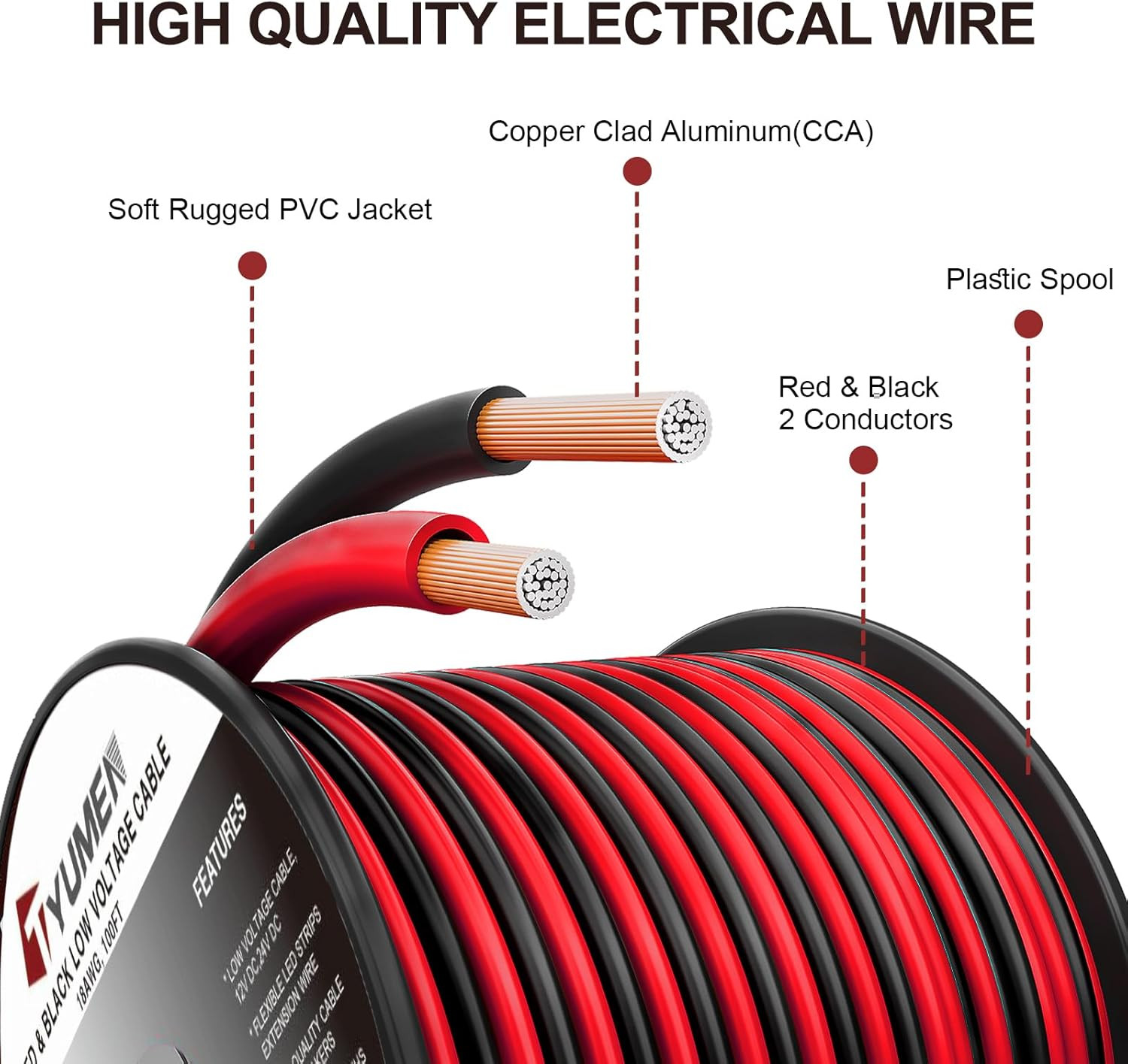 40FT 18AWG 2Pin Red Black LED Strip Extension Cord 12V/24V DC Cable