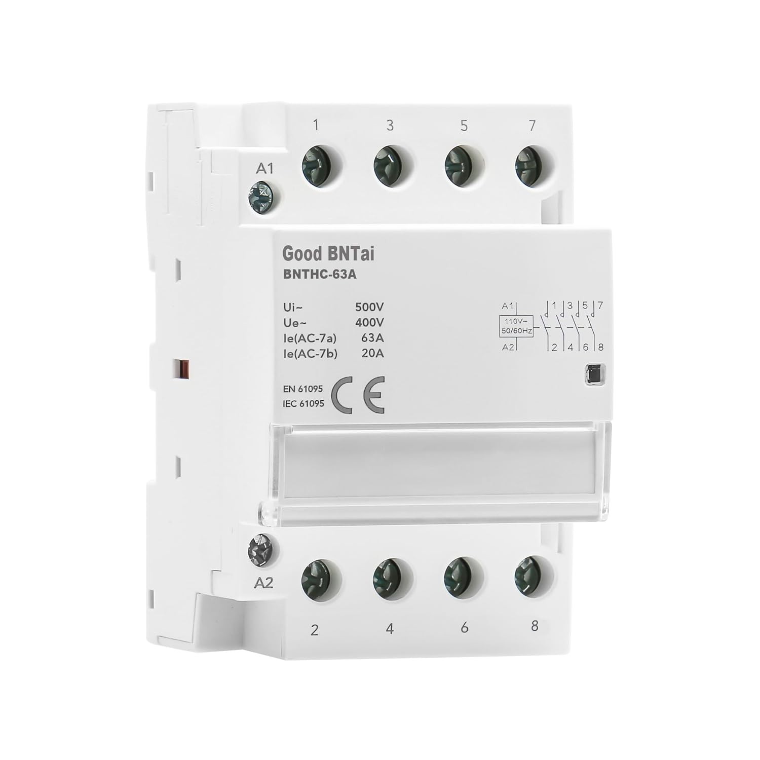 BNTHC AC Contactor 63A 4 Pole NO 110VAC Coil Voltage 35 mm DIN Rail Mount
