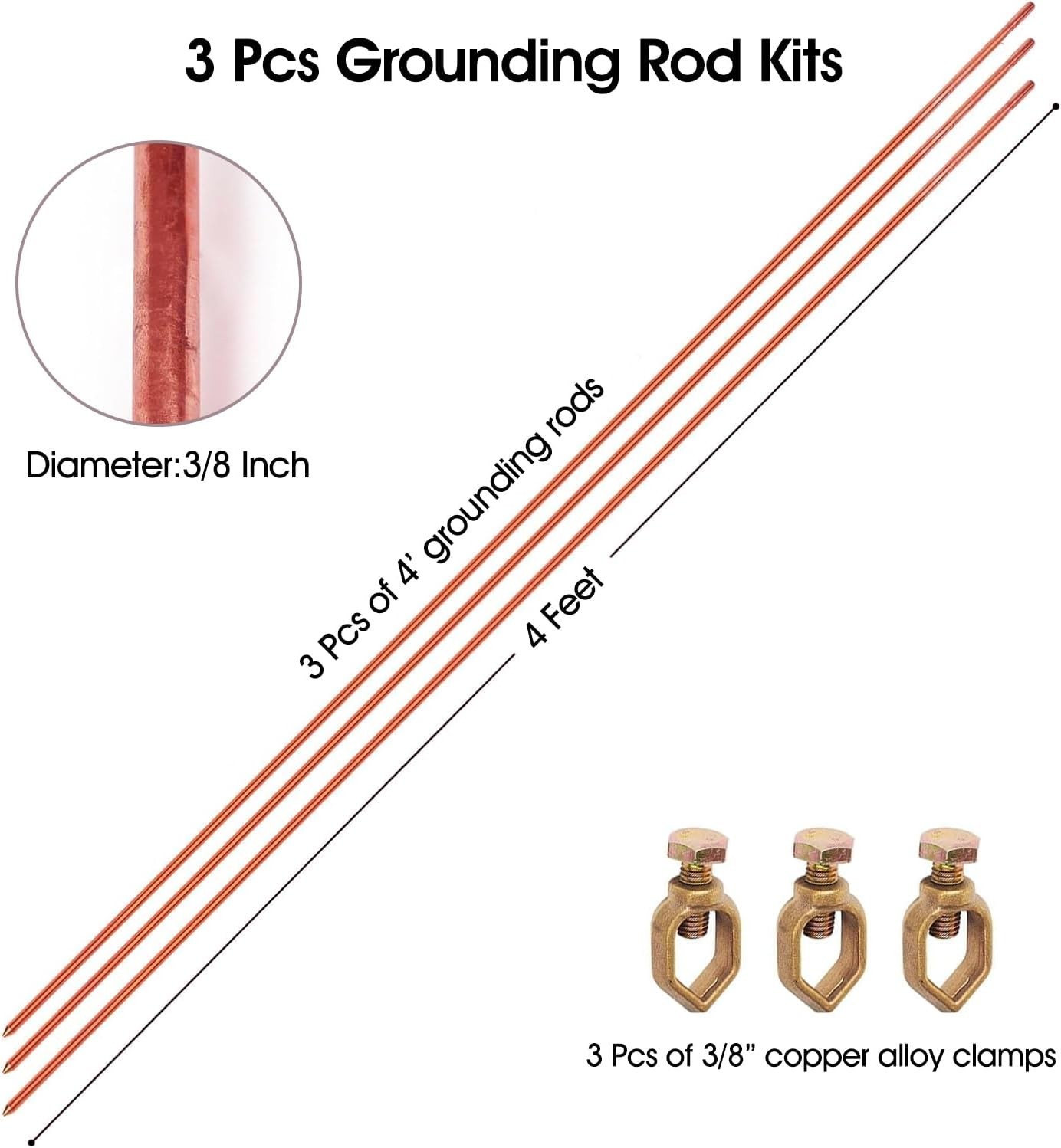 4FT Electrical Grounding Copper Ground Rod Earthing bar for Electric Fences Sate