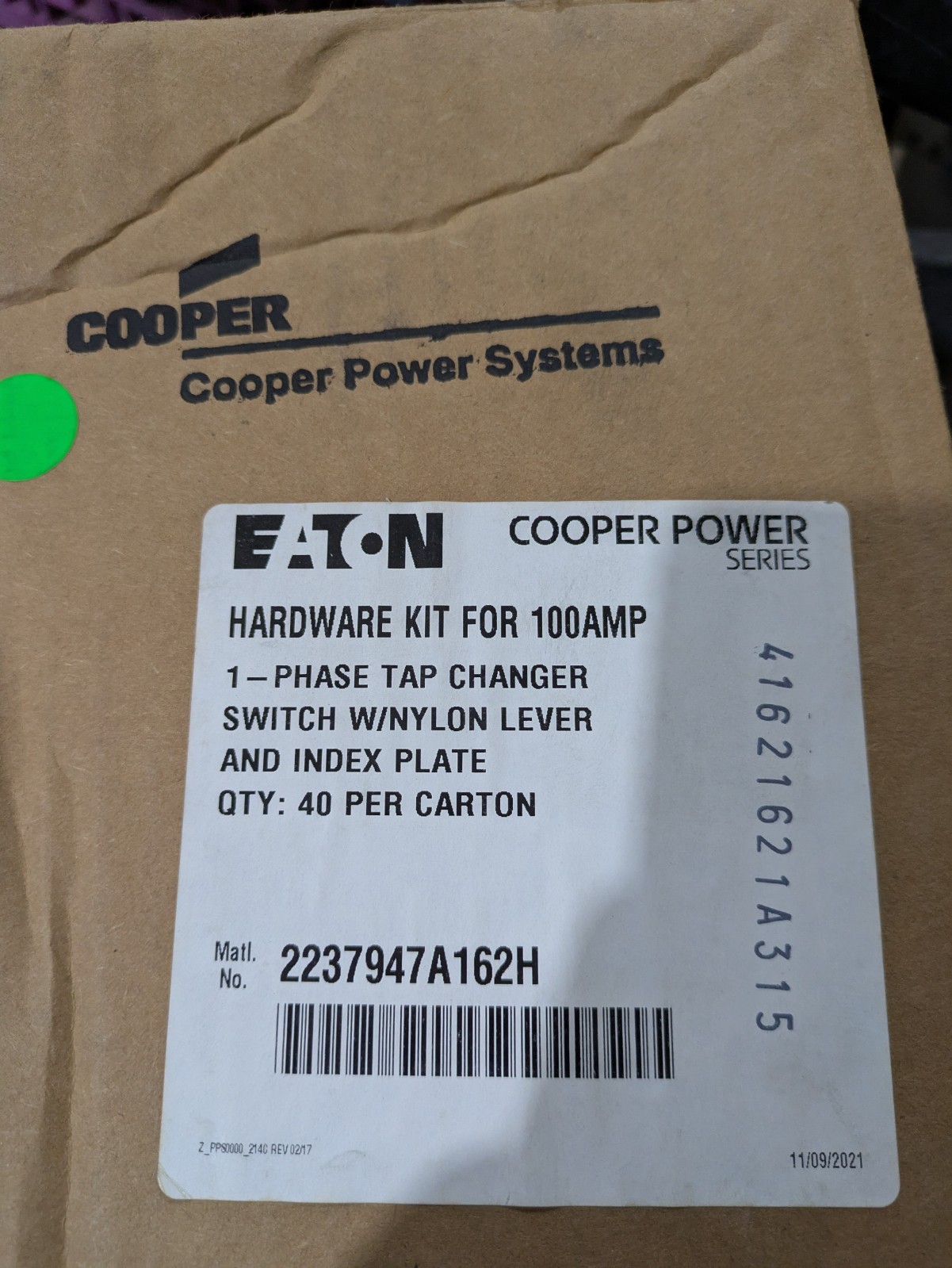 Eaton Cooper Power S800-57-1 2237947A162H Tap Changer Switch Hardware Kit 1/orde
