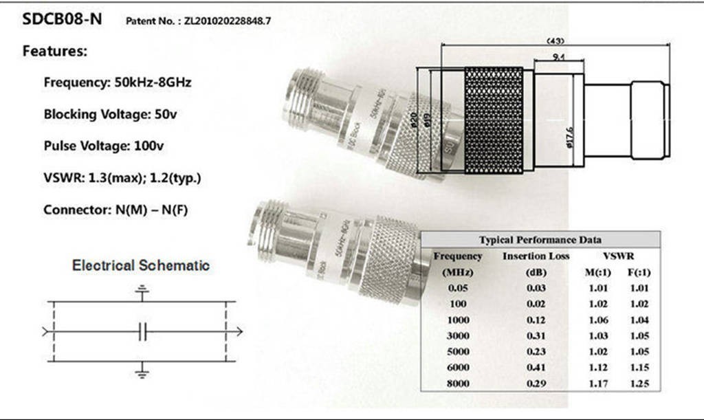 RF isolator DC block; 50k-8G, 13G, 18G; SMA/N/BNC/TNC; DC isolation voltage: 50v