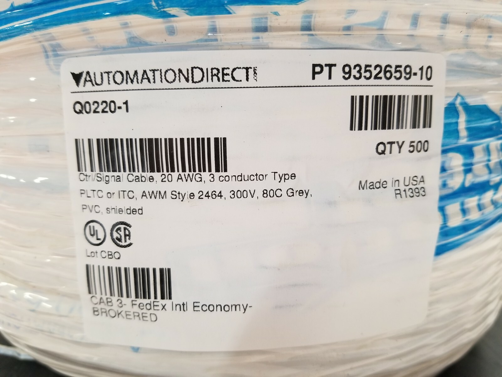 500 ft Reel Control and signal Cable 20 AWG 3 conductor Automation Direct