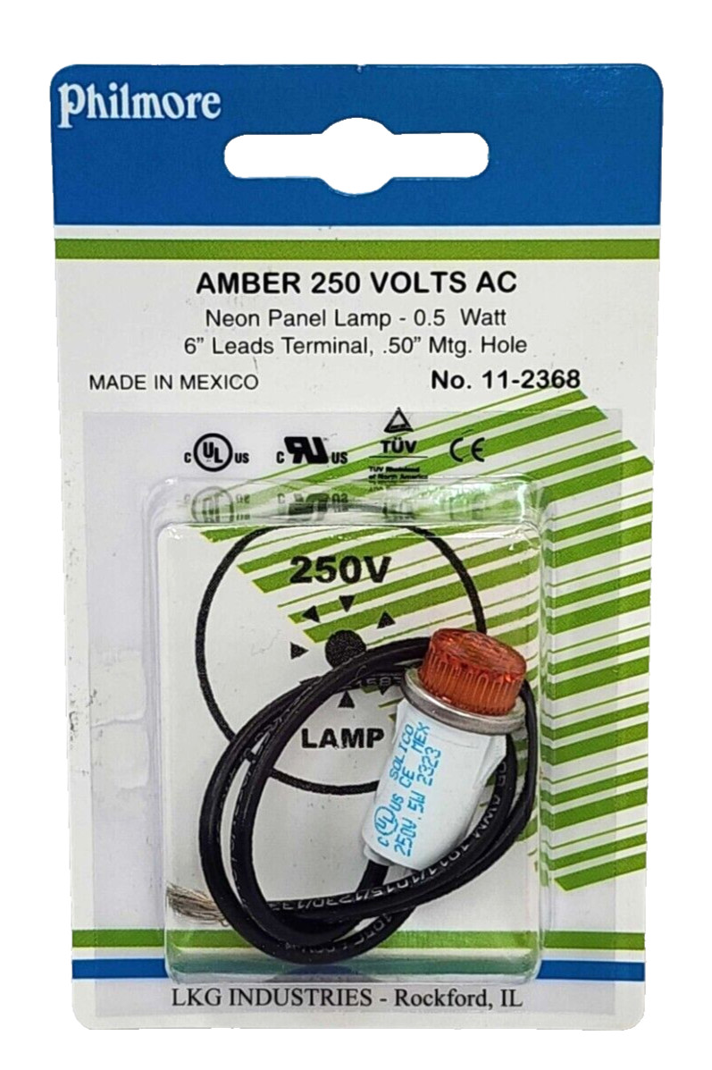 (1x) 250VAC – 1/2″ Amber Neon Panel Mount Indicator – 1/3W – 6″ Leads – 11-2368