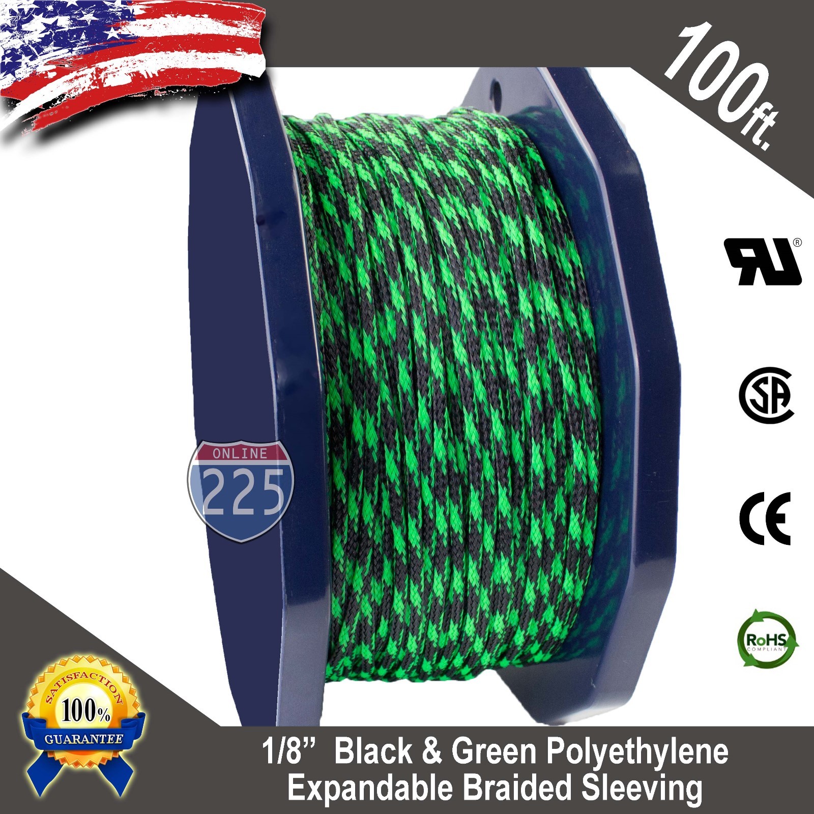 100 FT 1/8″ Black Green Expandable Wire Sleeving Sheathing Braided Loom Tubing