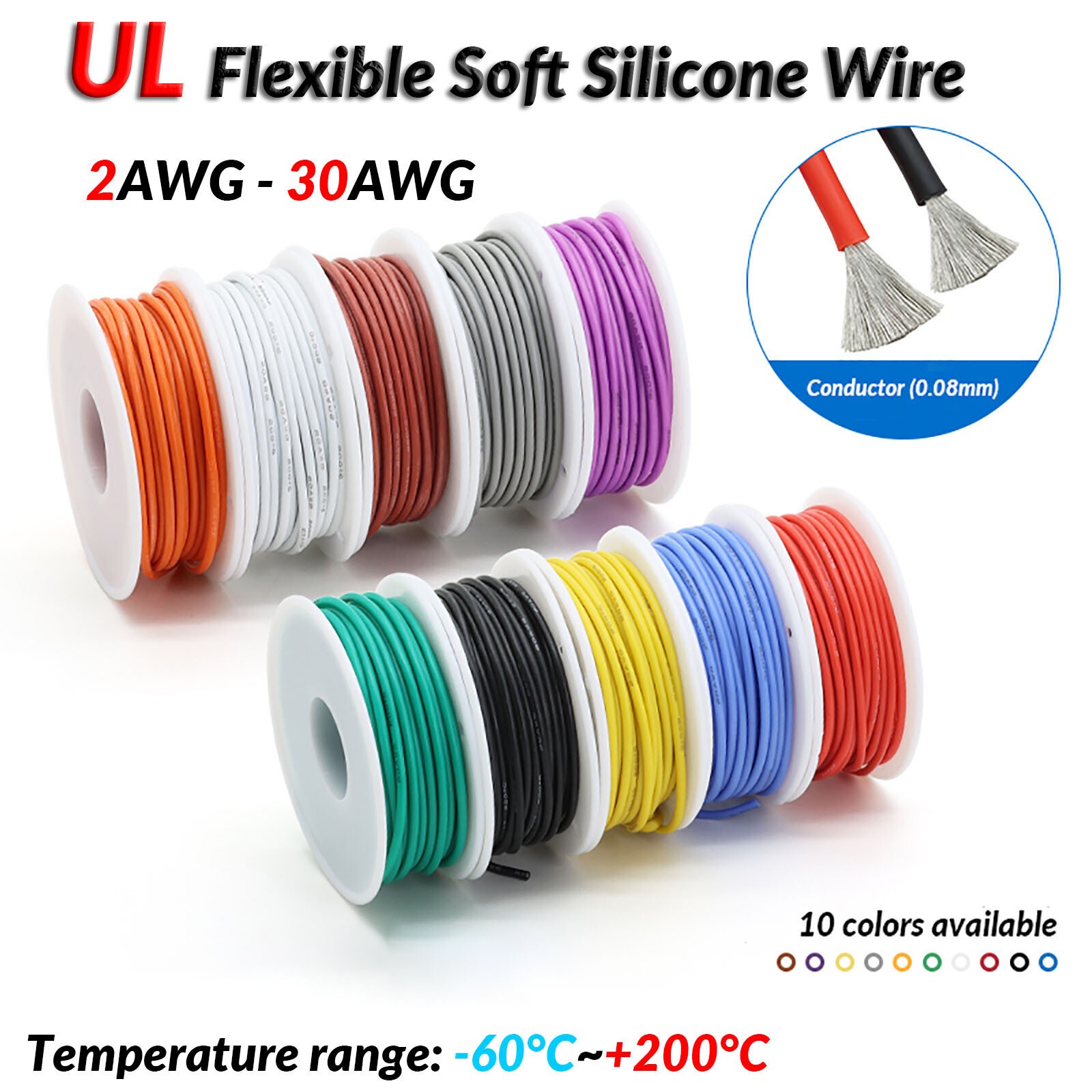 2AWG~30AWG Flexible Soft Silicone Wire Cable UL High Temp Colorful Tinned Copper