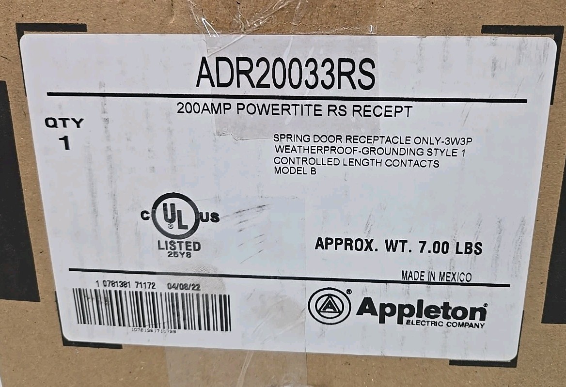 Appleton ADR20033RS 200A 600V 3-Pole 3-Wire Powertite Pin & Sleeve RS Receptacle