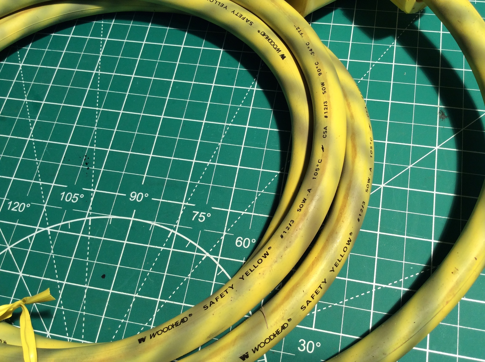Woodhead 10′ Power Cable 2 GFI and 1 Twist 20A Safety Yellow 12/3 SOW-A New