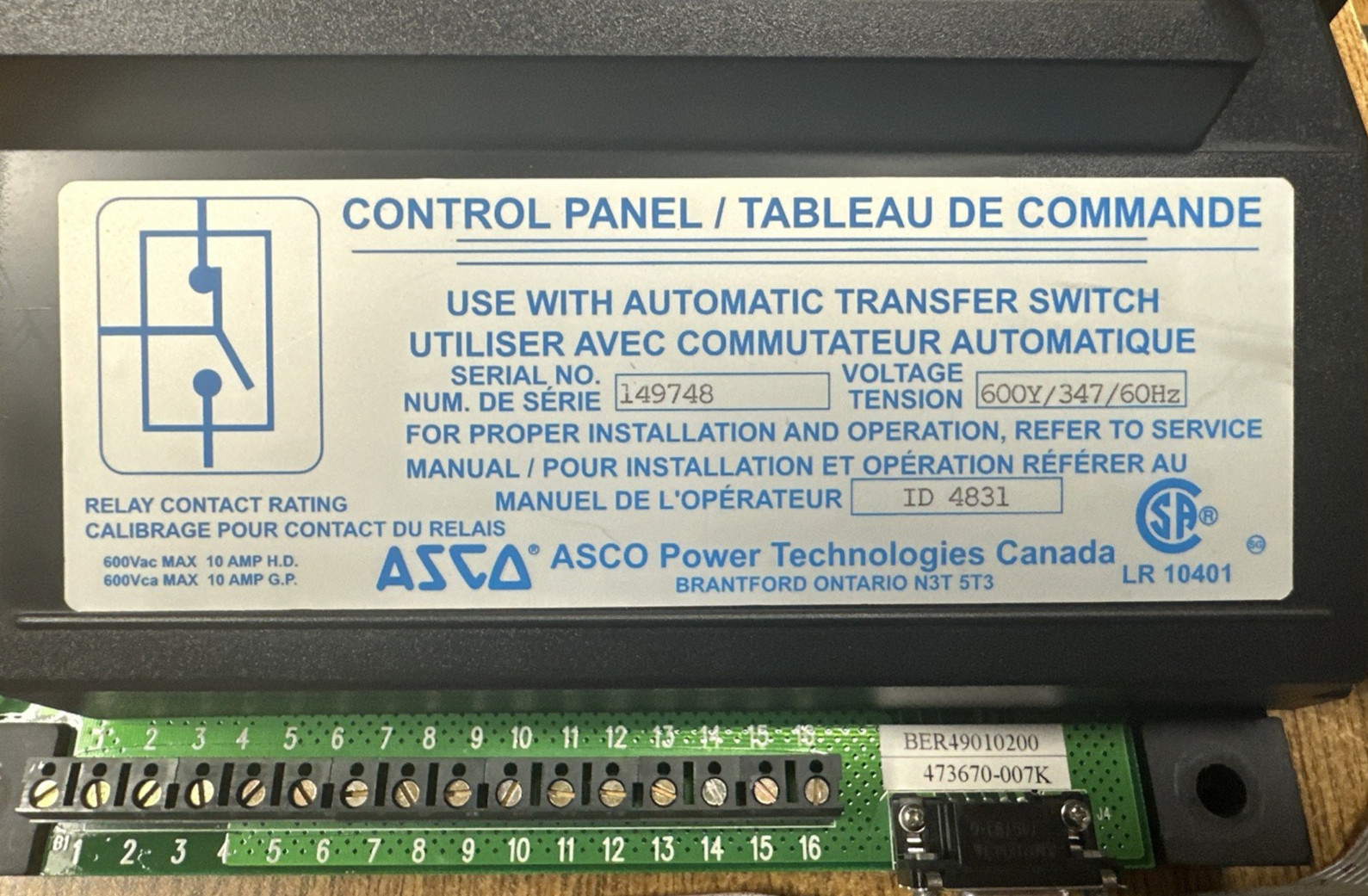 ASCO ID 4831 CONTROL PANEL FOR AUTOMATIC TRANSFER SWITCH **USED GUARANTEED**