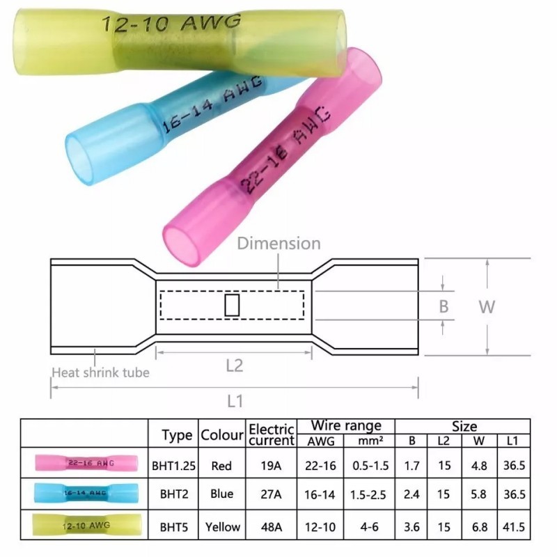 200PC 16-14AWG Heat Shrink Butt Wire Splice Crimp Terminal Blue Connectors