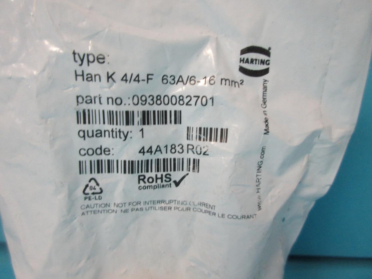 NEW HARTING 09380082701 TYPE HAN K 4/4-F 63A/6-16 MM2 FINGER PROT CONNECTOR NIP