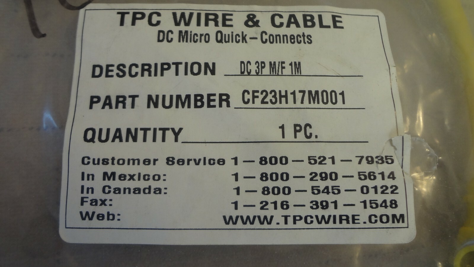 TPC Wire & Cable Part # CF23H17M001 Desc. DC 3P M/F 1M