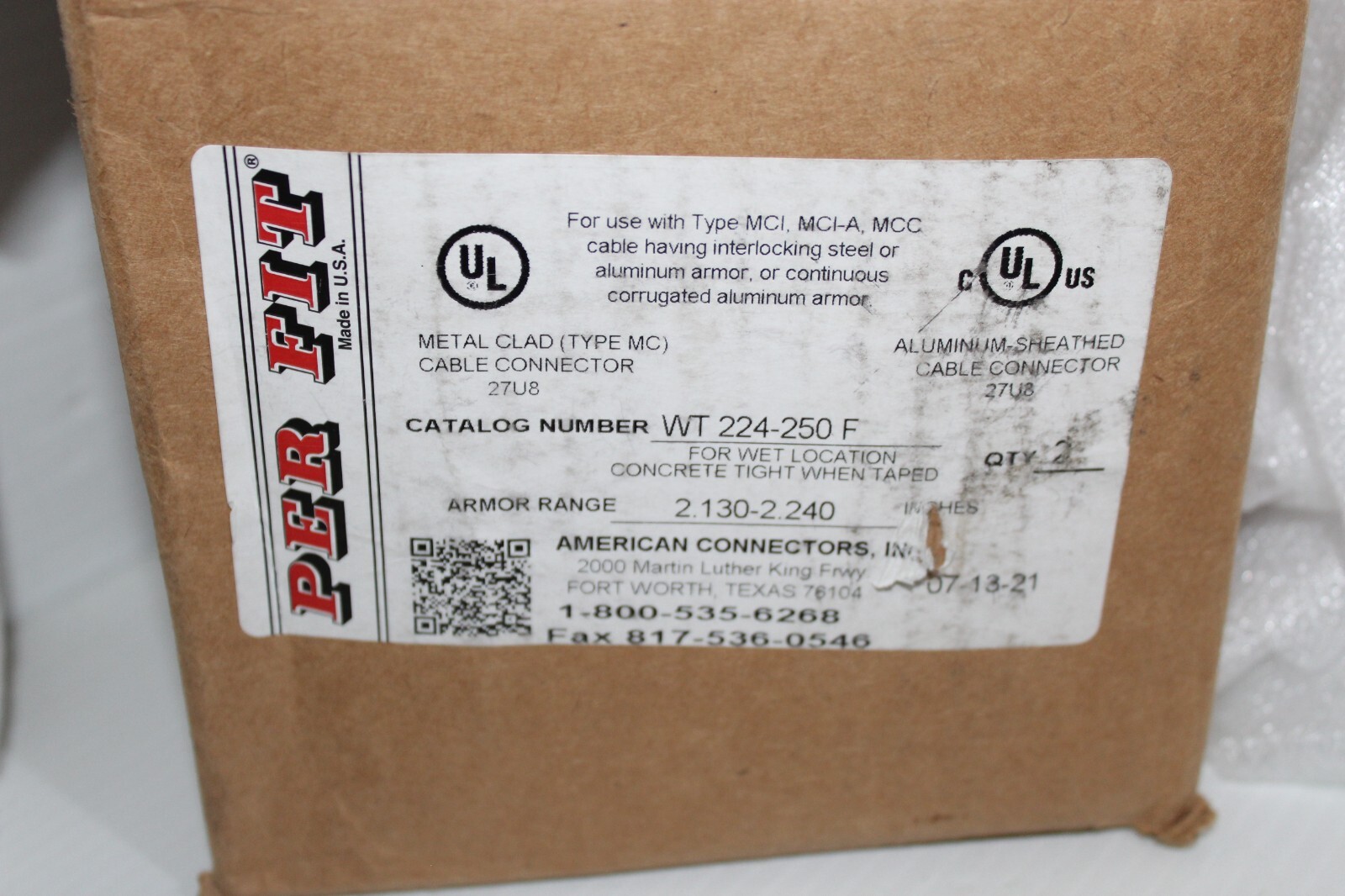 ⭐NEW IN BOX⭐ BOX OF 2 WT 224-250 F PERFIT MC Cable Connector 2-1/2″ Npt 🔴USA🔵