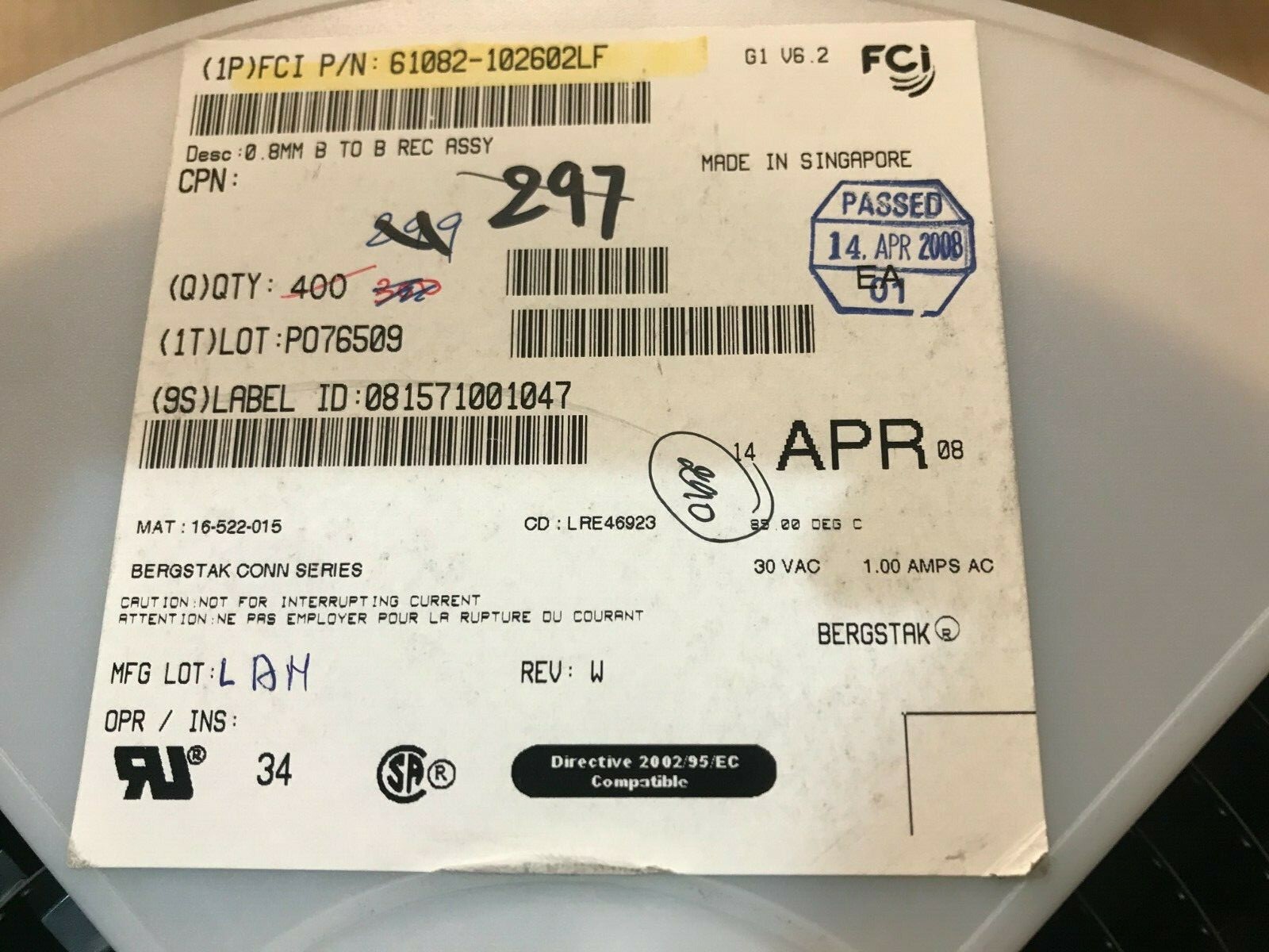 Lot of 5 Amphenol 61082-102602LF 0.8mm B to B REC ASSY, New