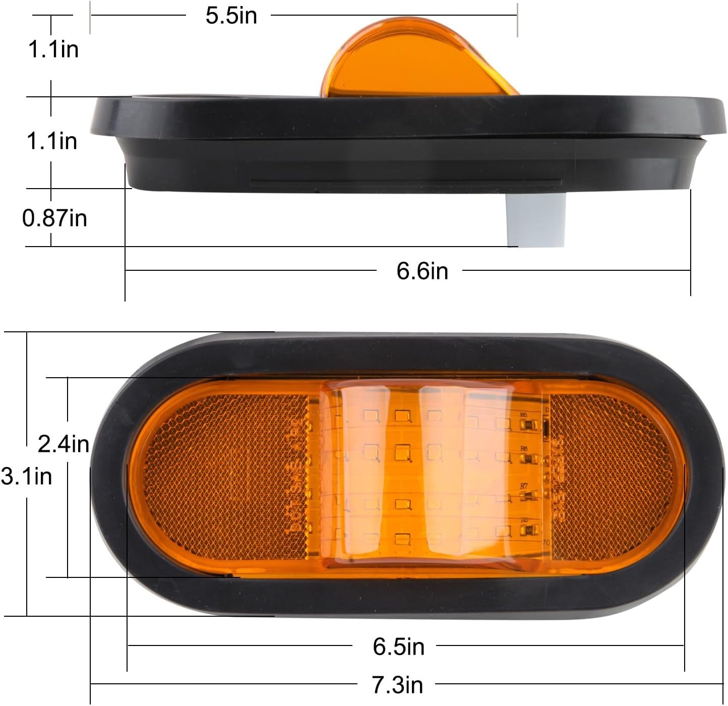2Pcs 6.5 Inch Oval LED Side Marker Lights and Mid Ship Turn Signal Amber w/Refle