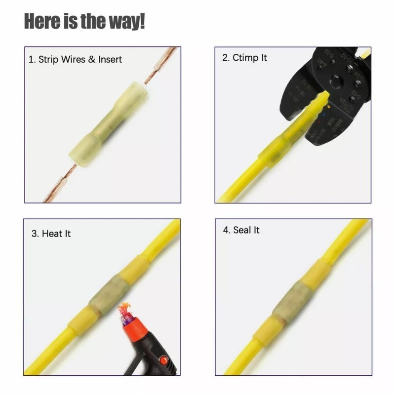 16-14AWG Waterproof Heat Shrink Butt Wire Connectors Blue Crimp Splice Terminals