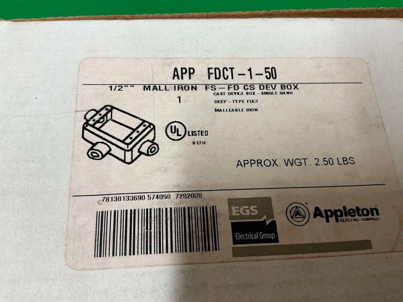 *FREE SHIPPING* APPLETON 1/2″ MALL IRON SINGLE GANG JUNCTION BOX FDCT-1-50