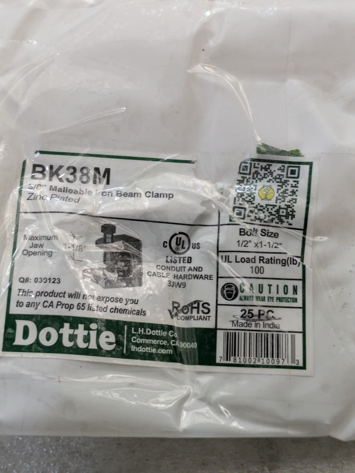 Dottie BK38M 3/8 in Malleable Iron Beam Clamp Bolt Size 1/2 X 1-1/2 Zinc Plated