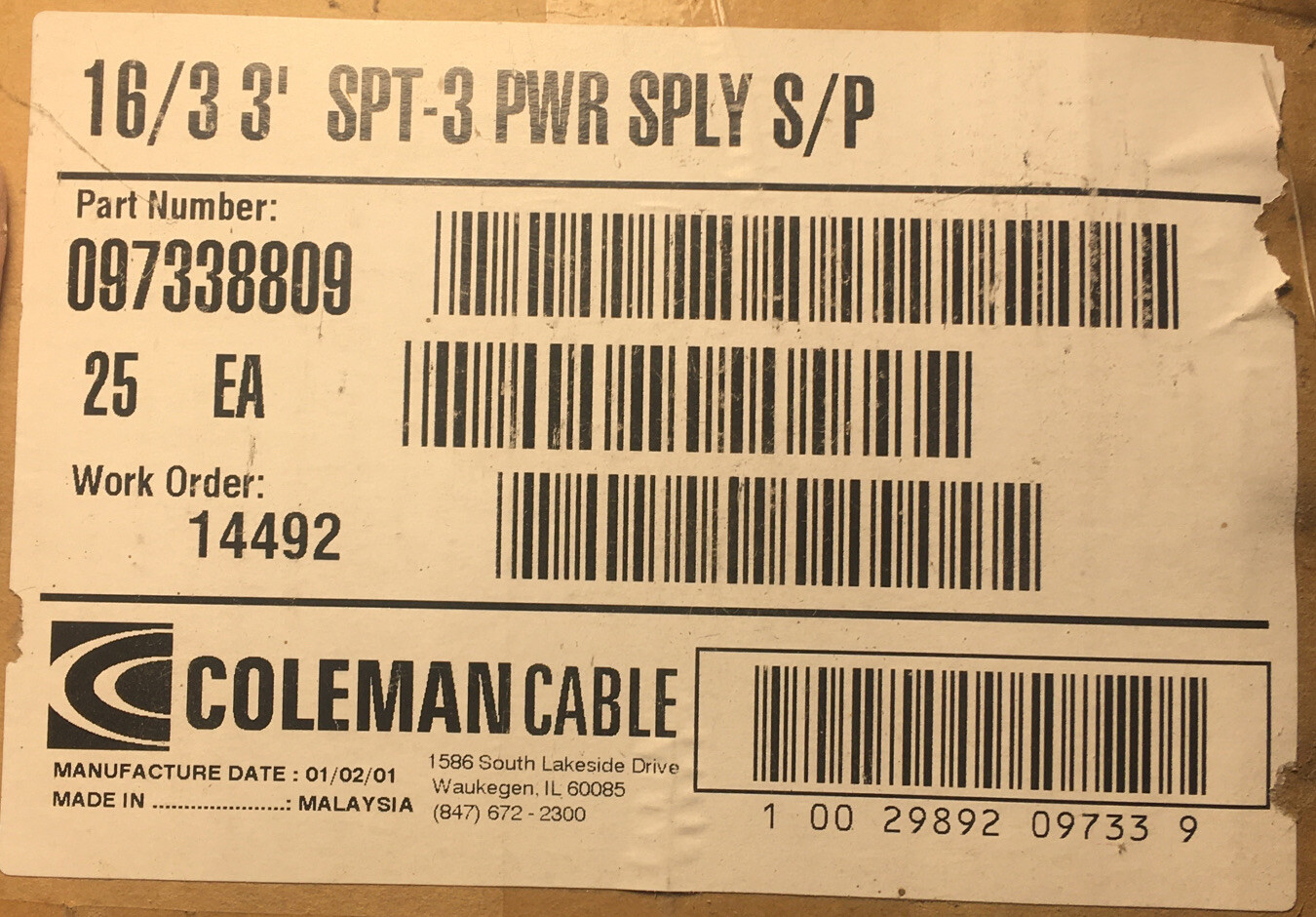 Coleman 097338809, 16/3 3FT SPT, Replacement PWR Supply Cord Box of 25 Loc S4B1
