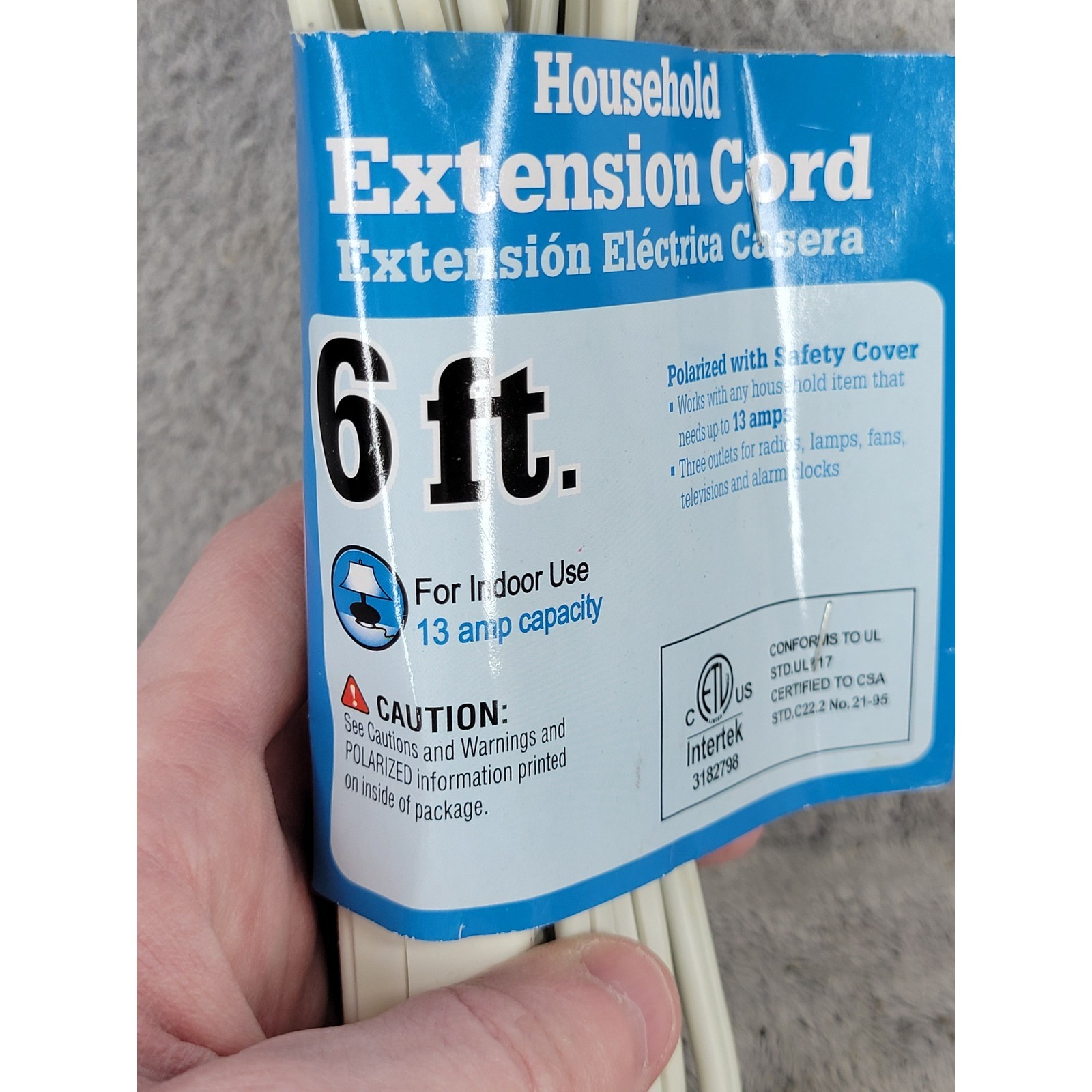 Household Extension Cord 6ft 13 Amp Capacity Indoor Use Polarized Safety Cover 3