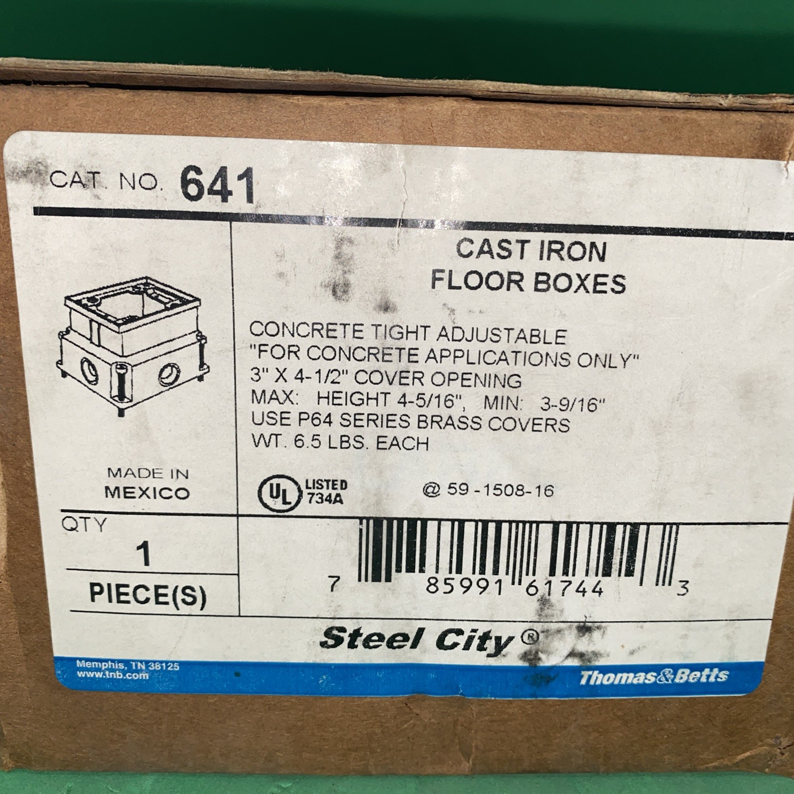 STEEL CITY 641 Floor Box Concrete Tight Adjustable 3”X4-1/2” Cover Opening