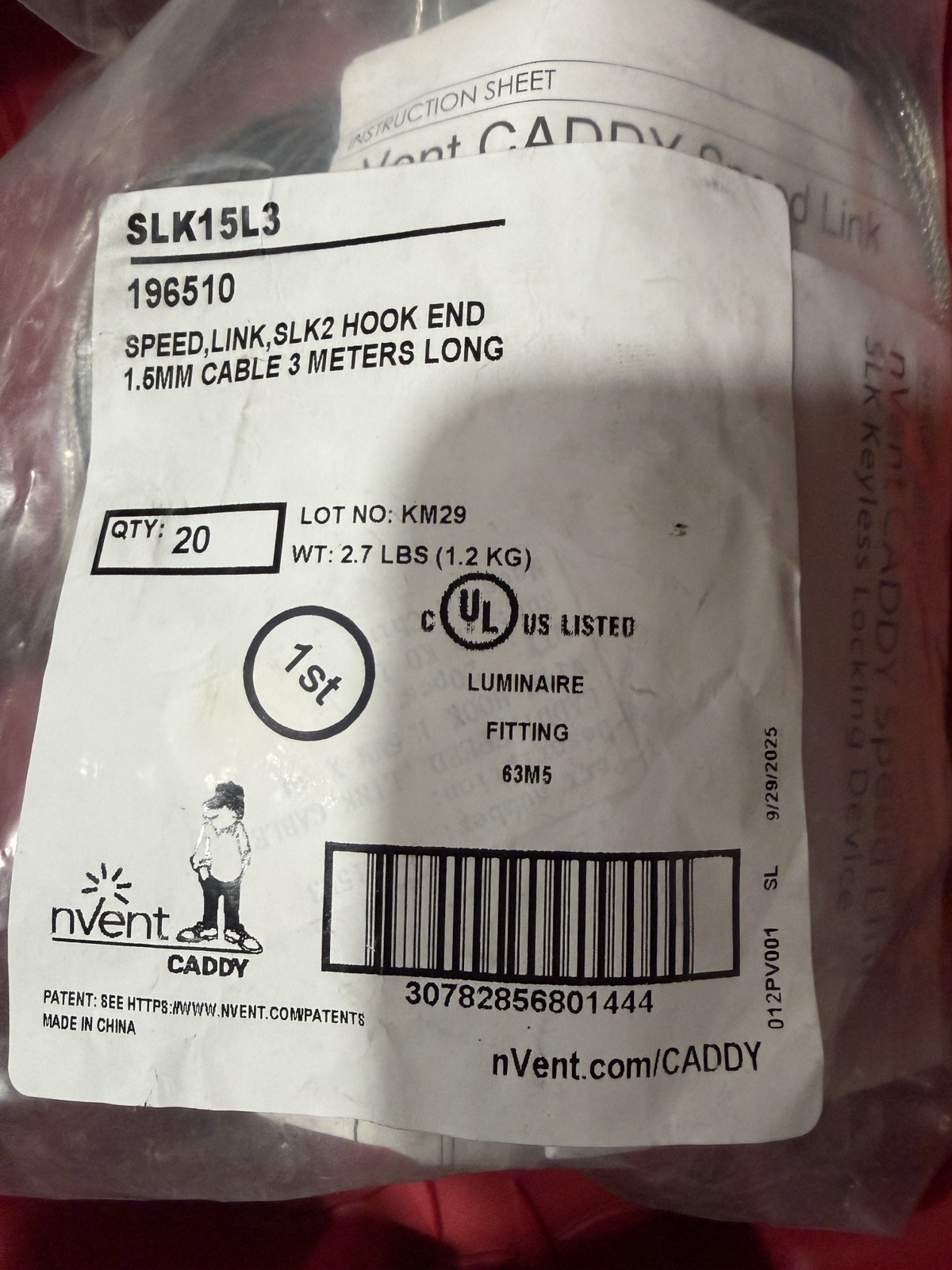 nVent Caddy SLK15L3 196510 Hook End 1.6mm Cables 20 Pack 3m Long SLK2 Hanging