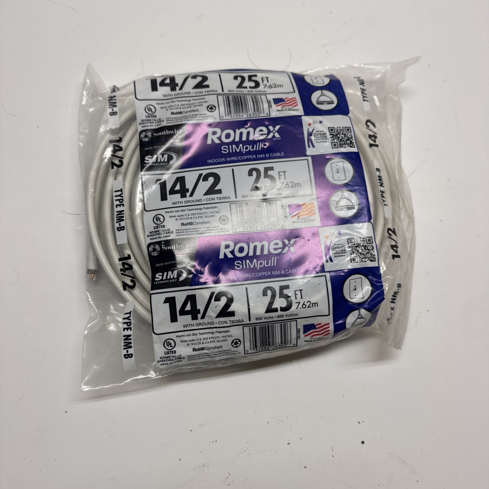 Romex-28827421 NMB W/G Wire, 25′ 14/2 – White – 25 Foot Southwire