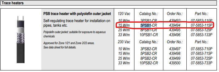 5700ft. spool, 5PSB1-CR, Bartec, 5 W/Ft, 120V, Self Regulating Heat Trace