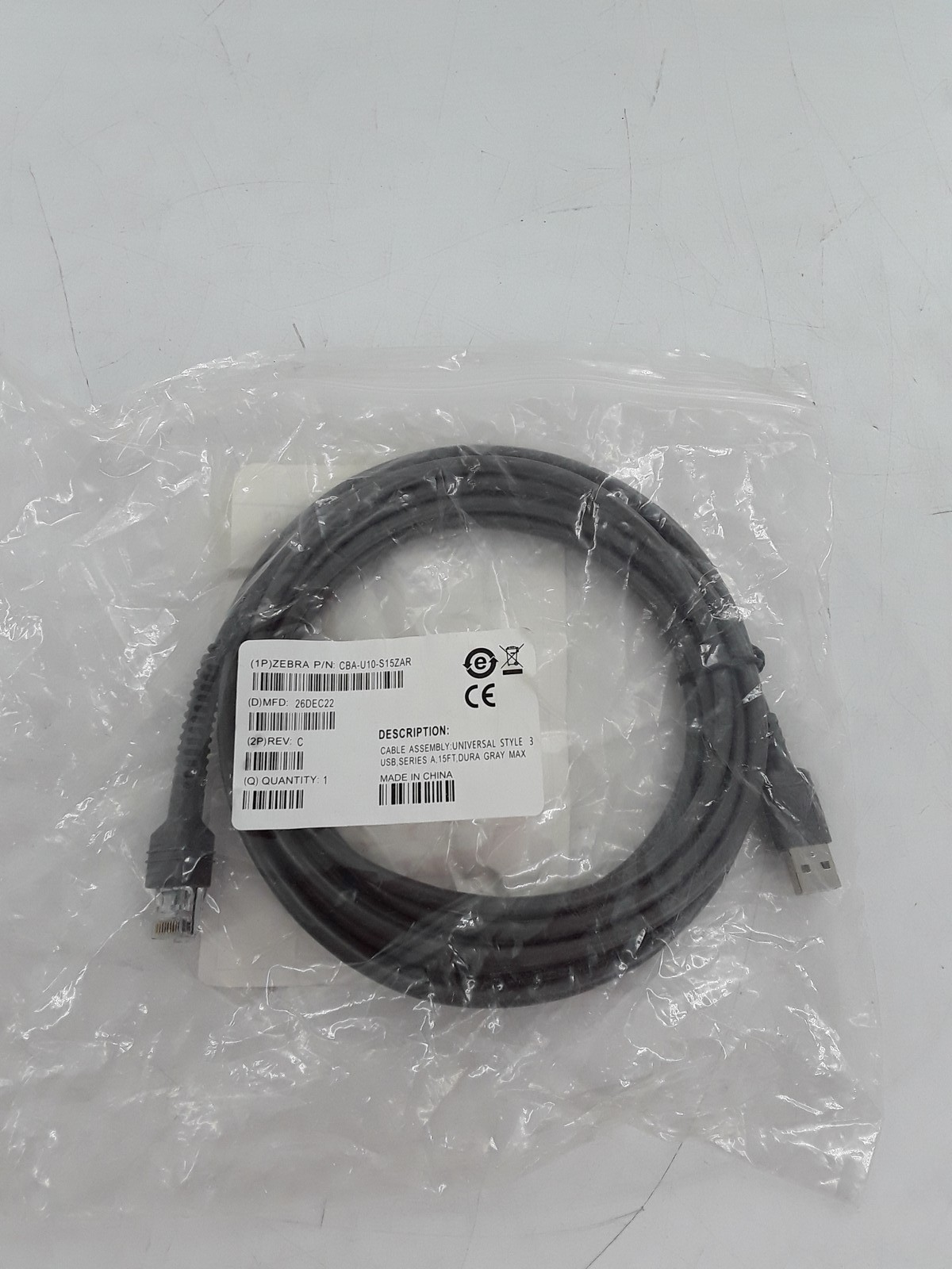 Zebra Cable CBA-U10-S15ZAR – Shielded USB: Series A Connector, 15ft