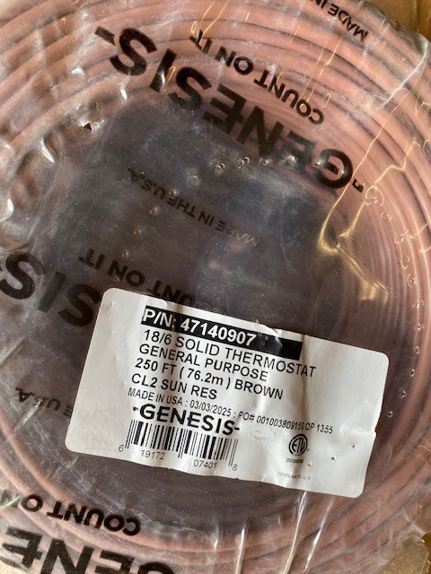 250 ft – 18/6 Solid CL2 (PVC) Honeywell Genesis Thermostat Cable 47140907