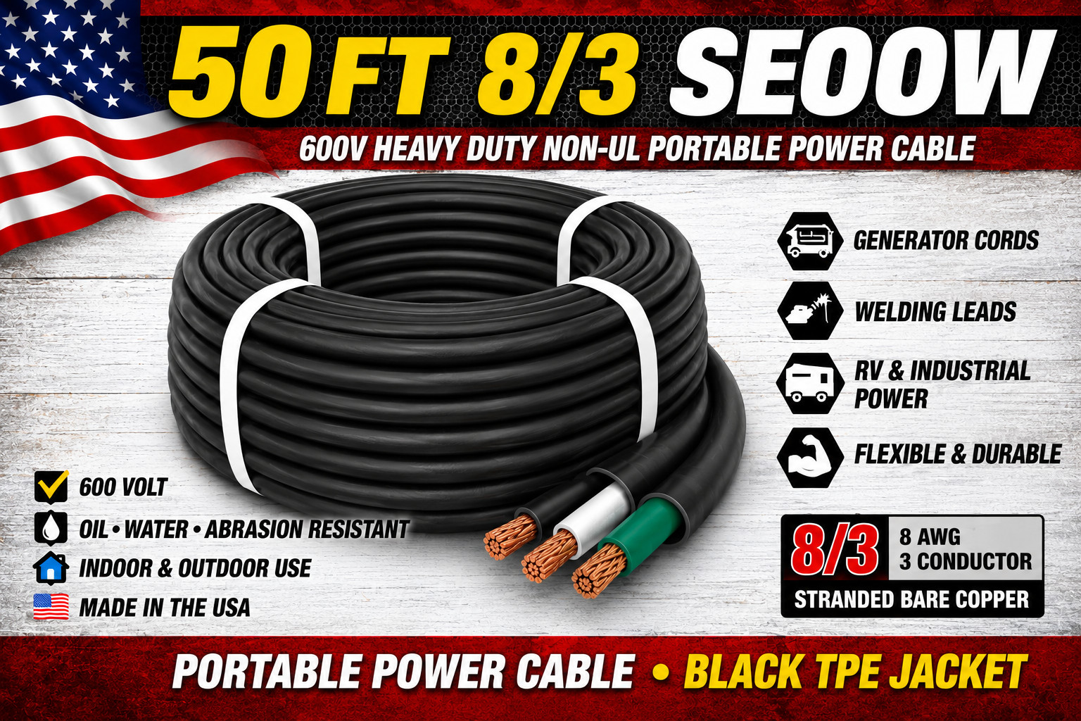 50 FT 8/3 SEOOW Cord 600V Heavy Duty Indoor Outdoor Portable Power Cable