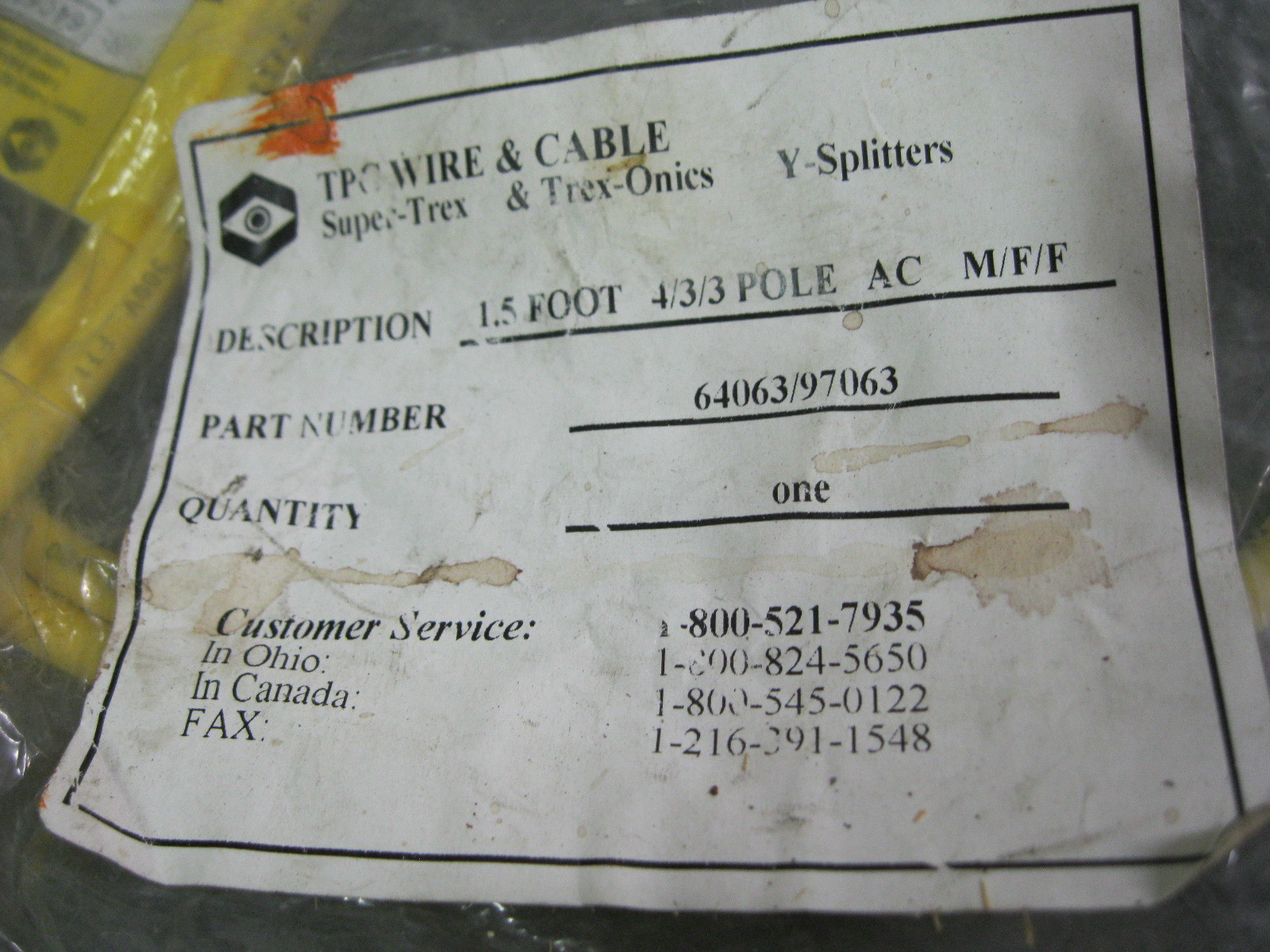 TPC 64063/97063 Cable 1.5 Ft. 4/3/3 Pole M/F/F