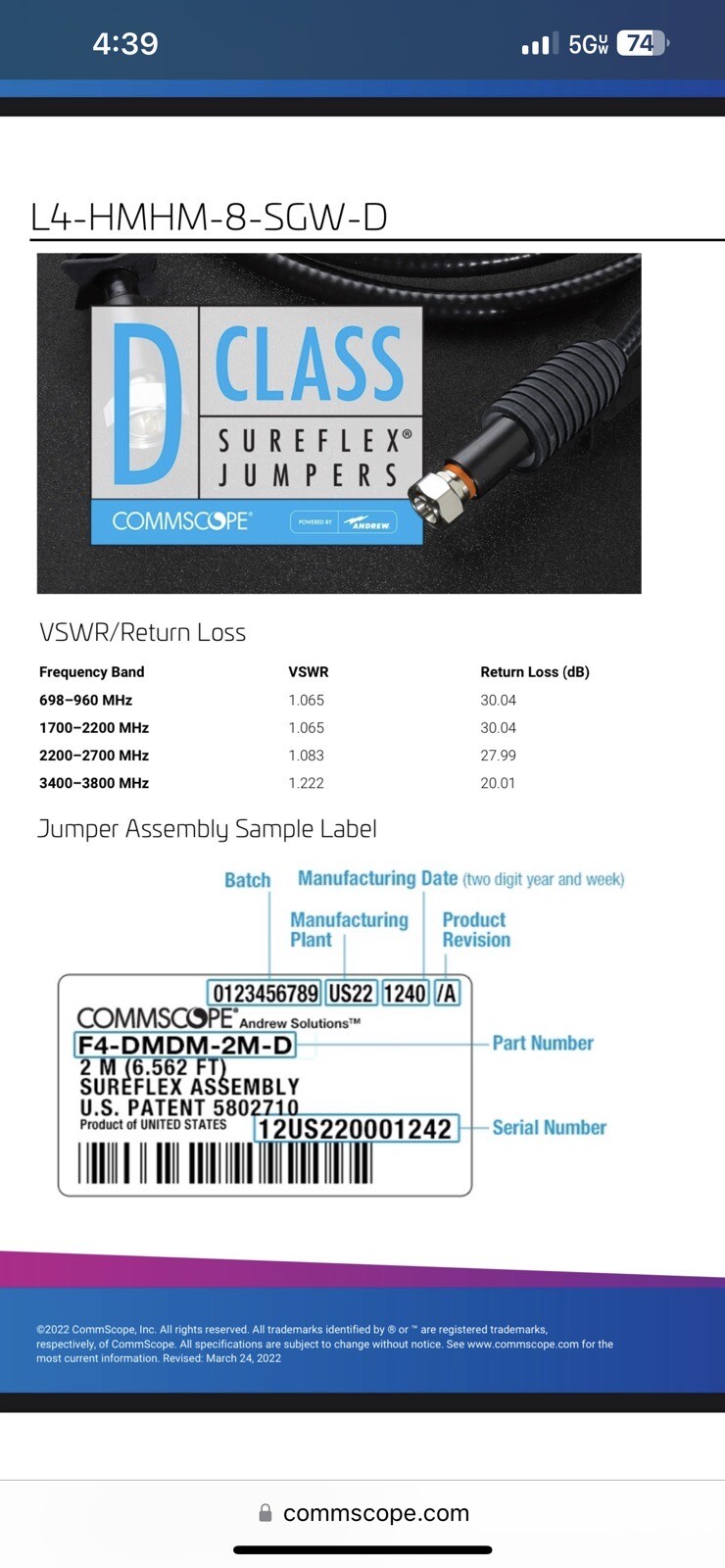 COMMSCOPE L4-HMHM-8-SGW-D Andrew Solutions 8 Feet Sureflex Jumper