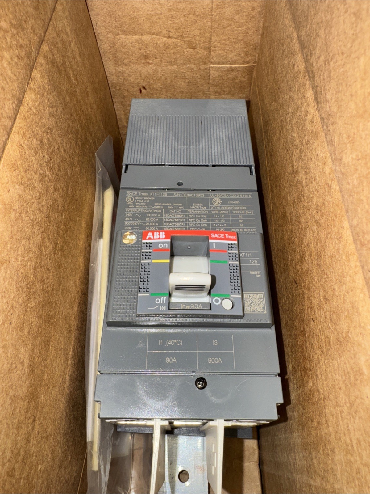 NEW In Box ABB SACE TMAX XT1 H 125 Circuit Breaker XT1 3pole 90amp