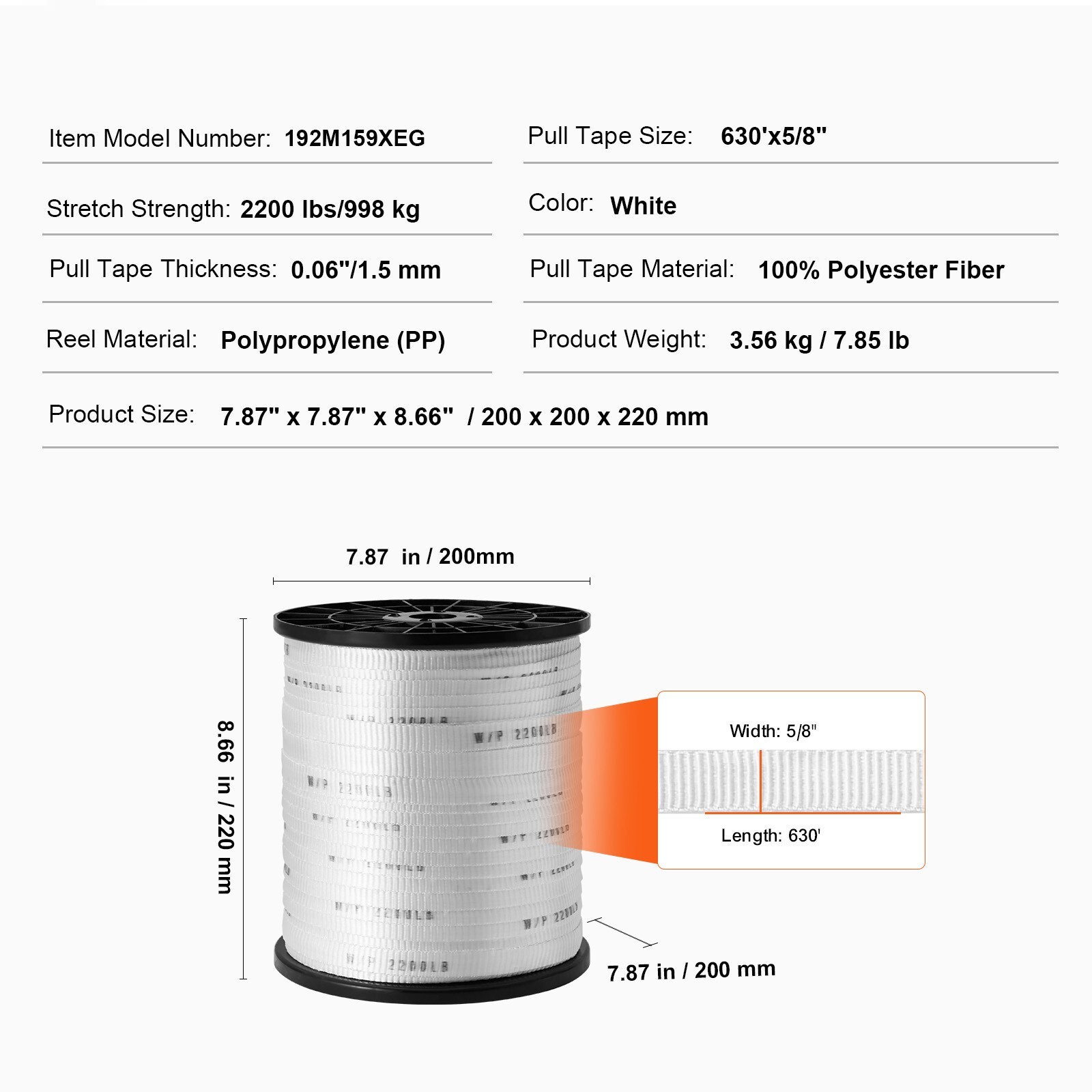 VEVOR Polyester Pulling Tape Mule Tape 5/8″ x 630′ 2200 lbf Tensile Capacity