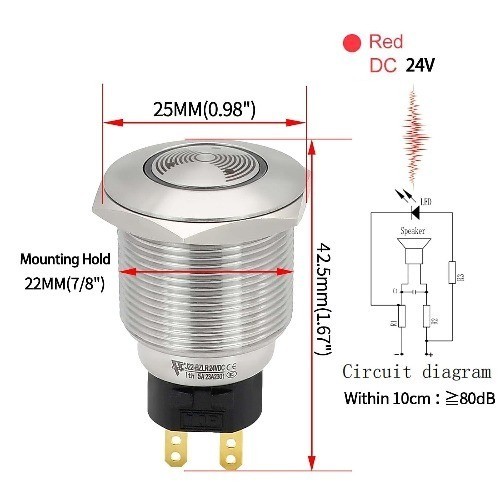 UL Listed 22mm Red LED Buzzer Alarm Sounder 24V DC Indicator Li Size: 22MM 24V