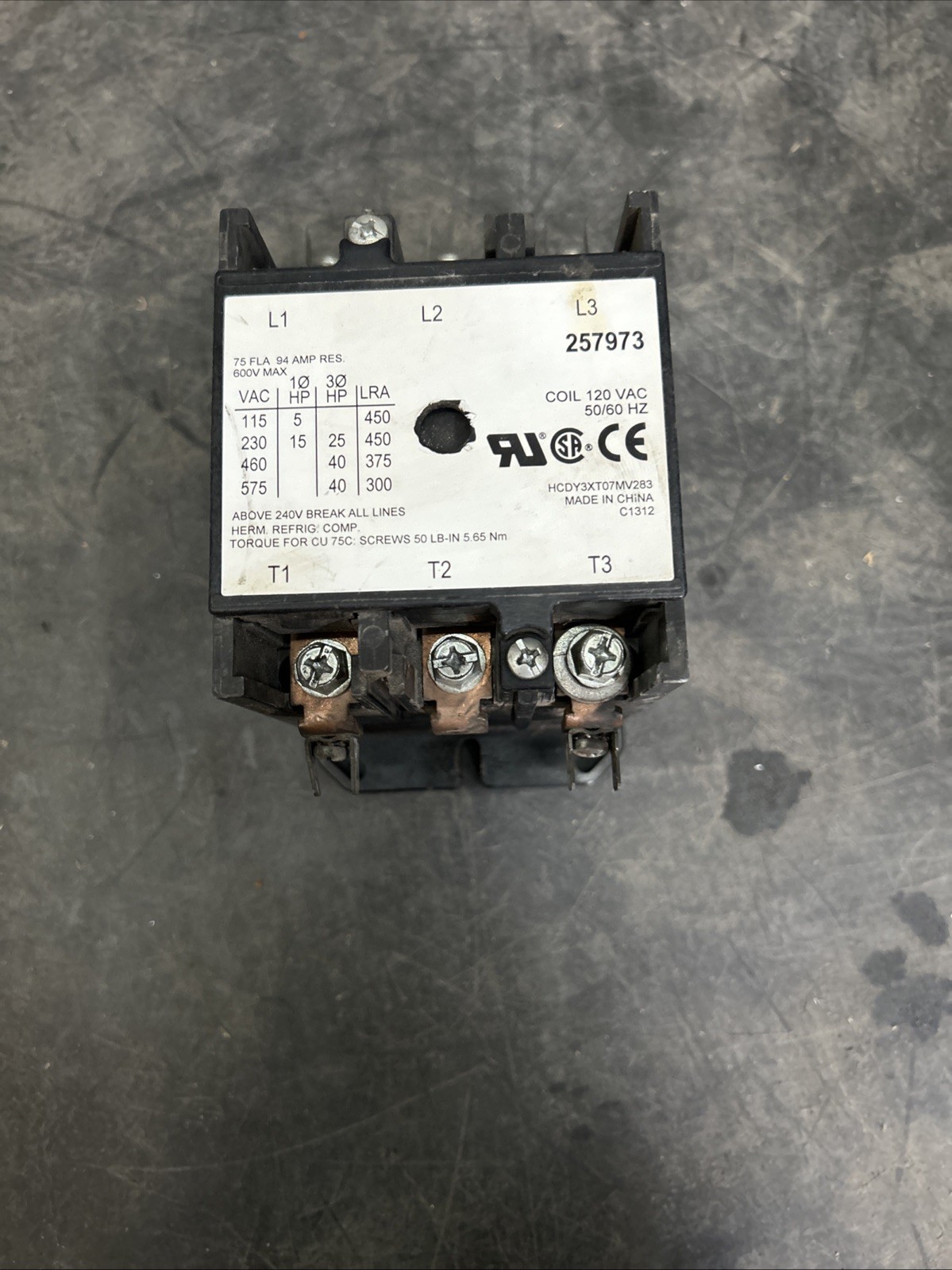 HARTLAND CONTROLS 3 POLE AC CONTACTOR CON-3/120/75. COIL 120VAC. HCDY3XT07 Mv283