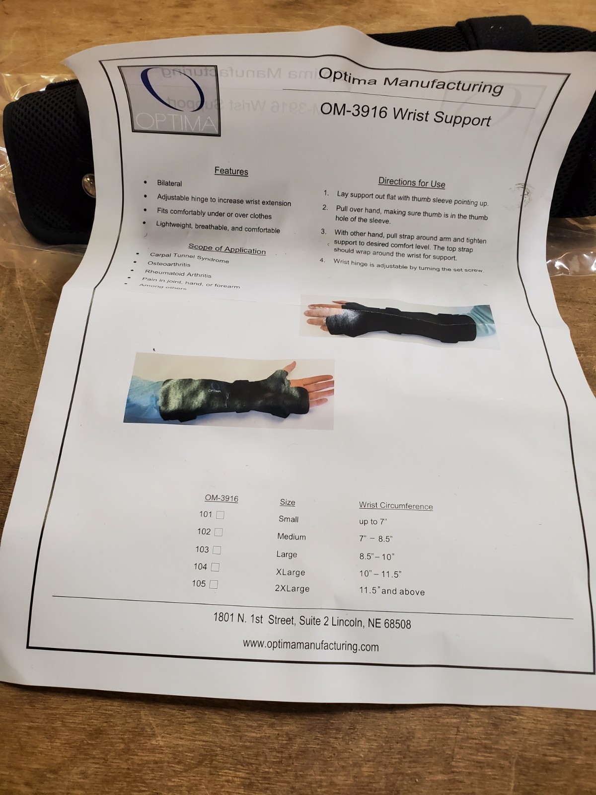 Optima OM-3916 Wrist Brace Support, Bilateral Right or Left, Size XL, New