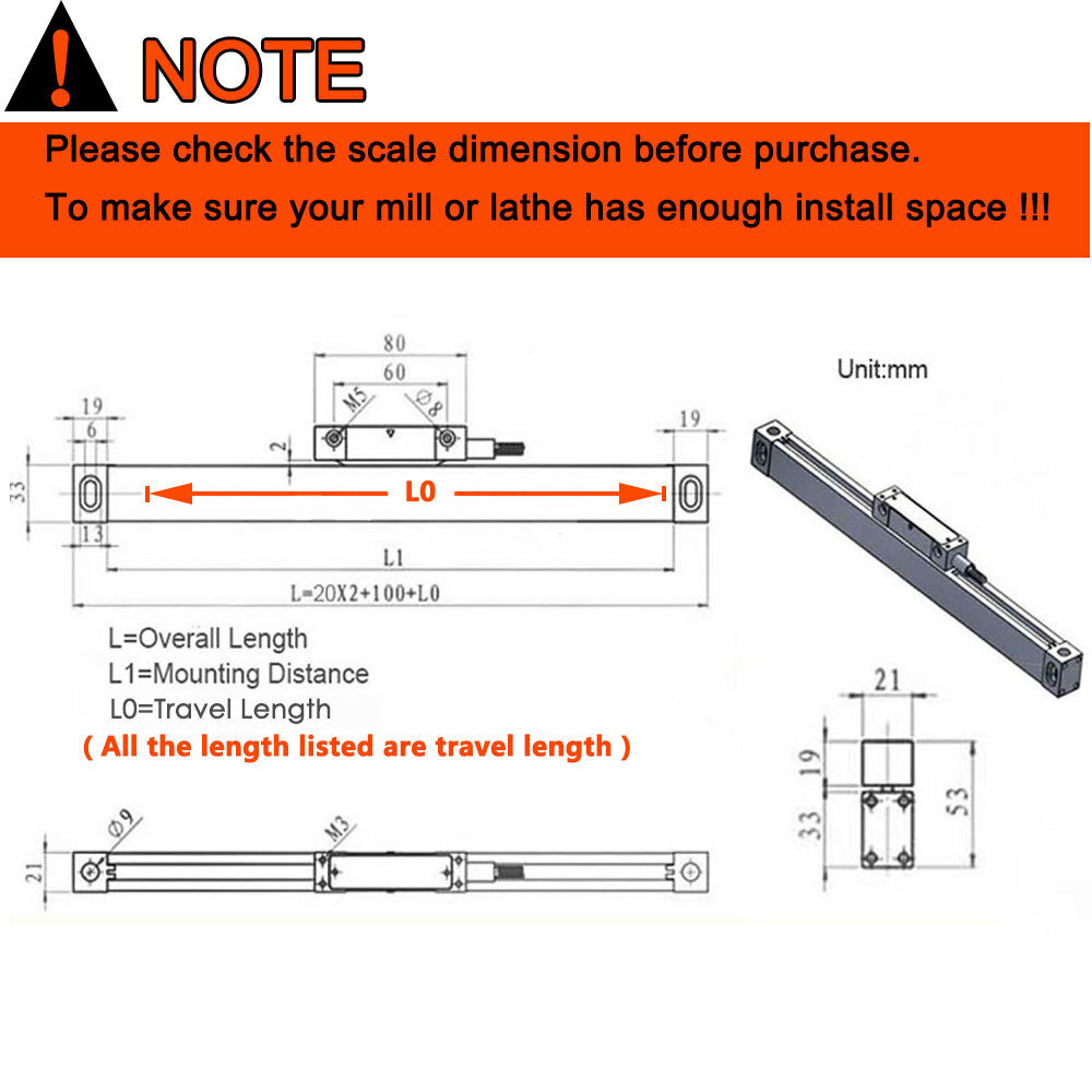 ToAuto 5um Linear Scale 100-1000MM Linear Glass Scales for Bridgeport Mill Lathe