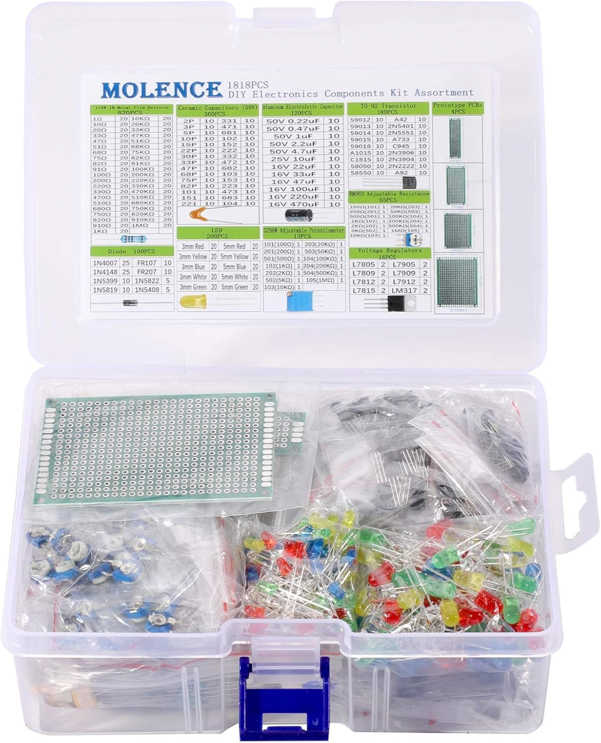Electronic Components Kit Assortment Resistors 1818PCS LED Capacitors Diodes