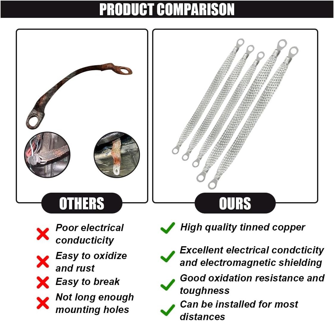 Universal Heavy Duty Flat Braided Tinned Copper Ground Strap Kit, 3PCS 10″x1/2″